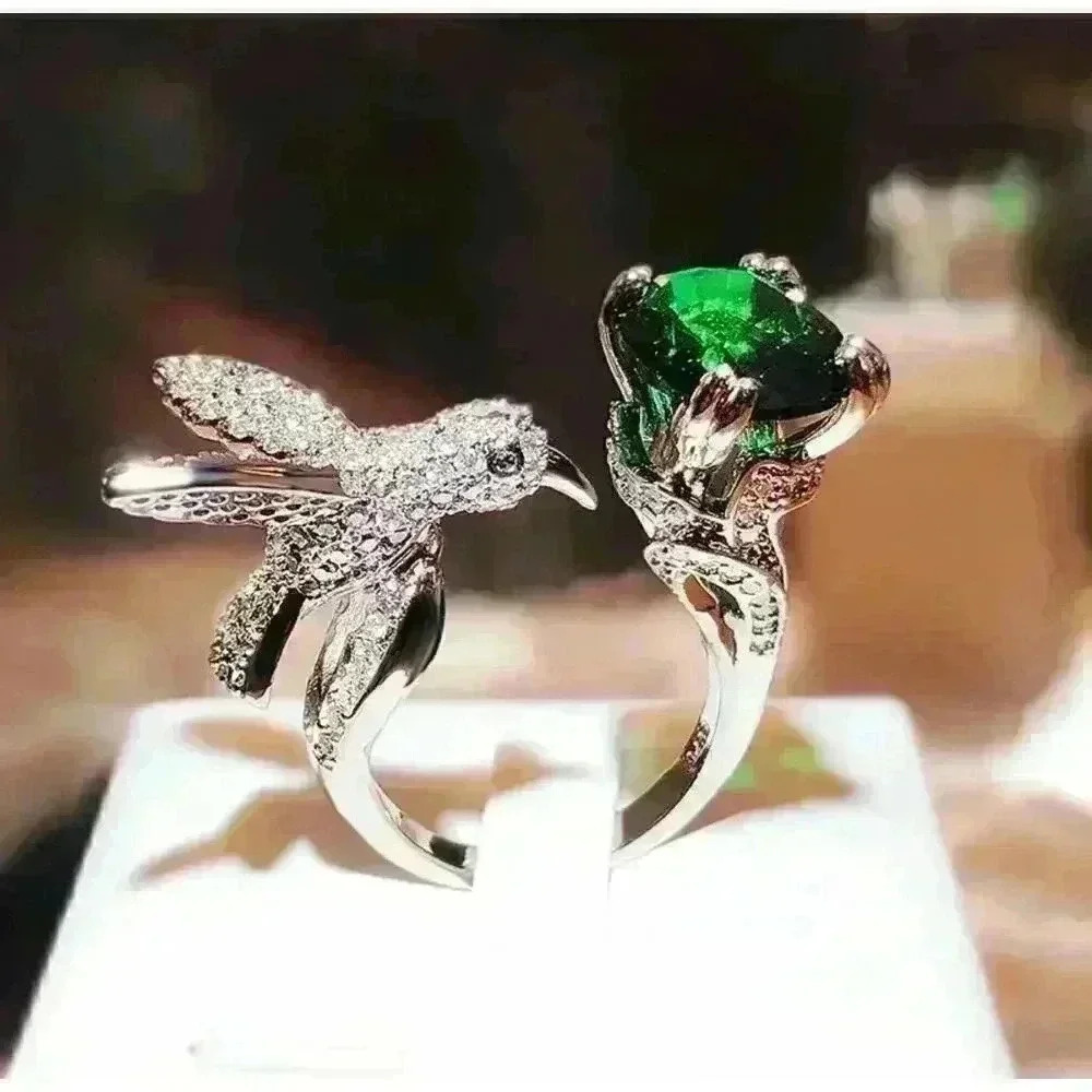 Fashion Green Zircon Rhinestone Hummingbird Silver Plated